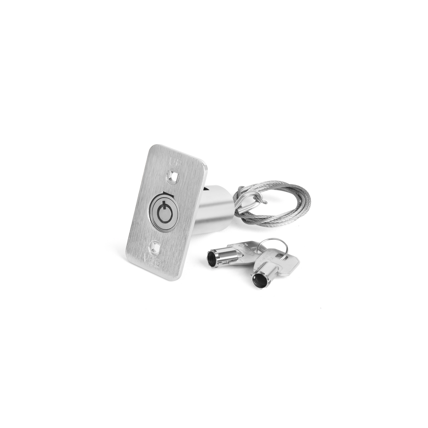 A mechanical disconnect/release device with cables, mounting hardware, and cylindrical keys, designed for emergency ingress typically used for garage doors.