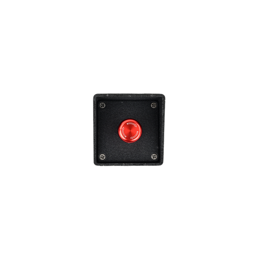 A red latching emergency stop button with a black crackle finish, housed in a die cast aluminum enclosure with a slightly projecting hood. Part Number: GEM-1