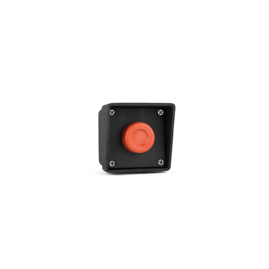 Single red button in a black housing