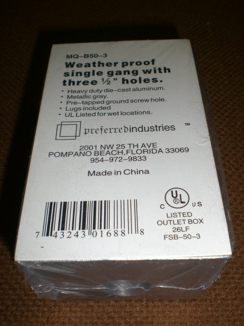 Weatherproof single gang box with 3 1/2" holes